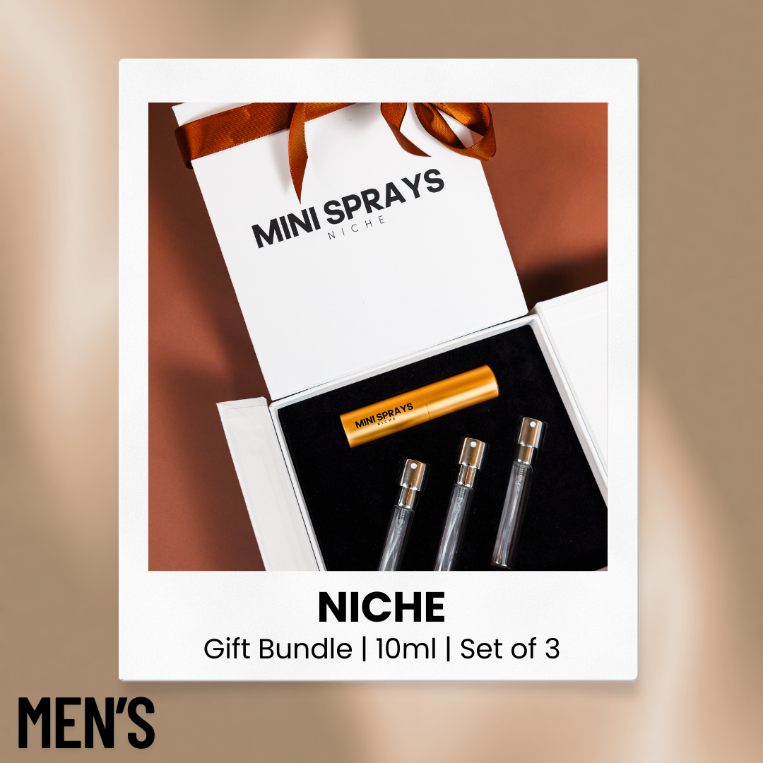 The Niche Edit men's perfume decant gift set by MiniSprays retail bottle, shown for reference only