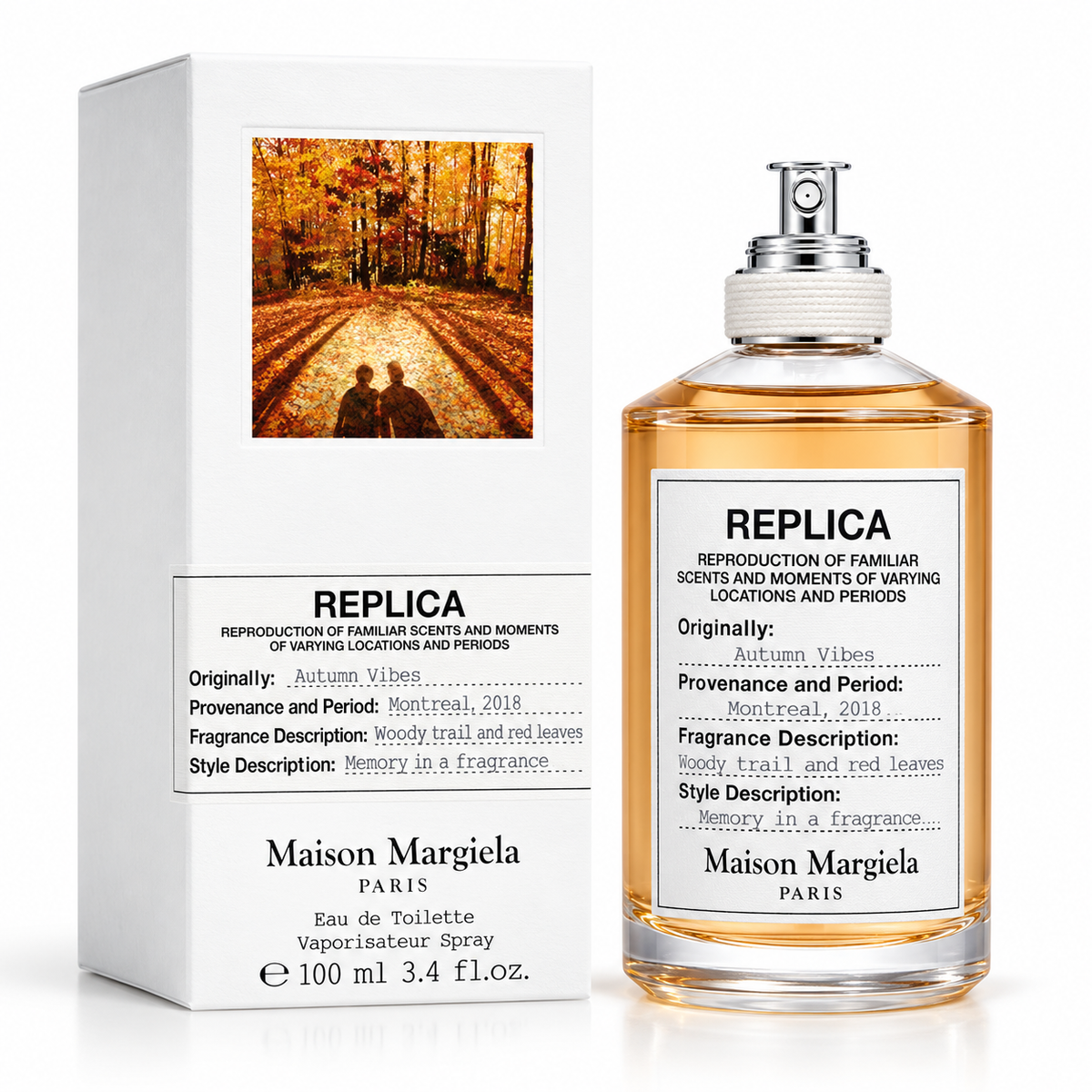Maison Margiela Eau de Toilette spray bottle and its white packaging box, featuring a warm-toned autumn forest path illustration on the box.