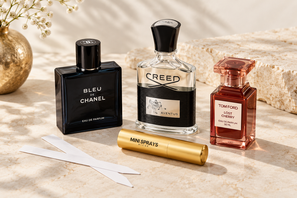 Designer fragrances and a MiniSprays atomizer with scent blotters