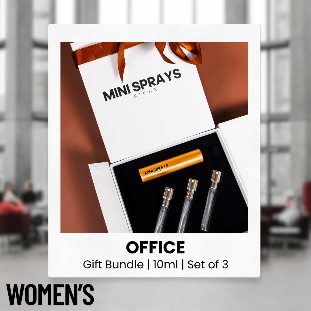 The Office Edit women's perfume decant gift set by MiniSprays retail bottle, shown for reference only